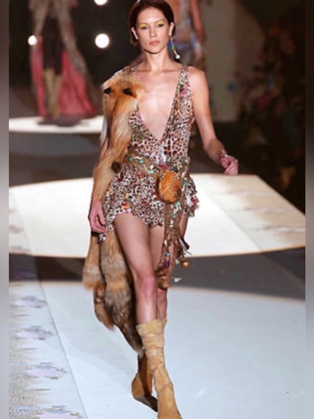 Roberto Cavalli S/S 2002 Vintage Runway Look #4 Multi Tiered Leo Mini Dress XS - Picture 5 of 10